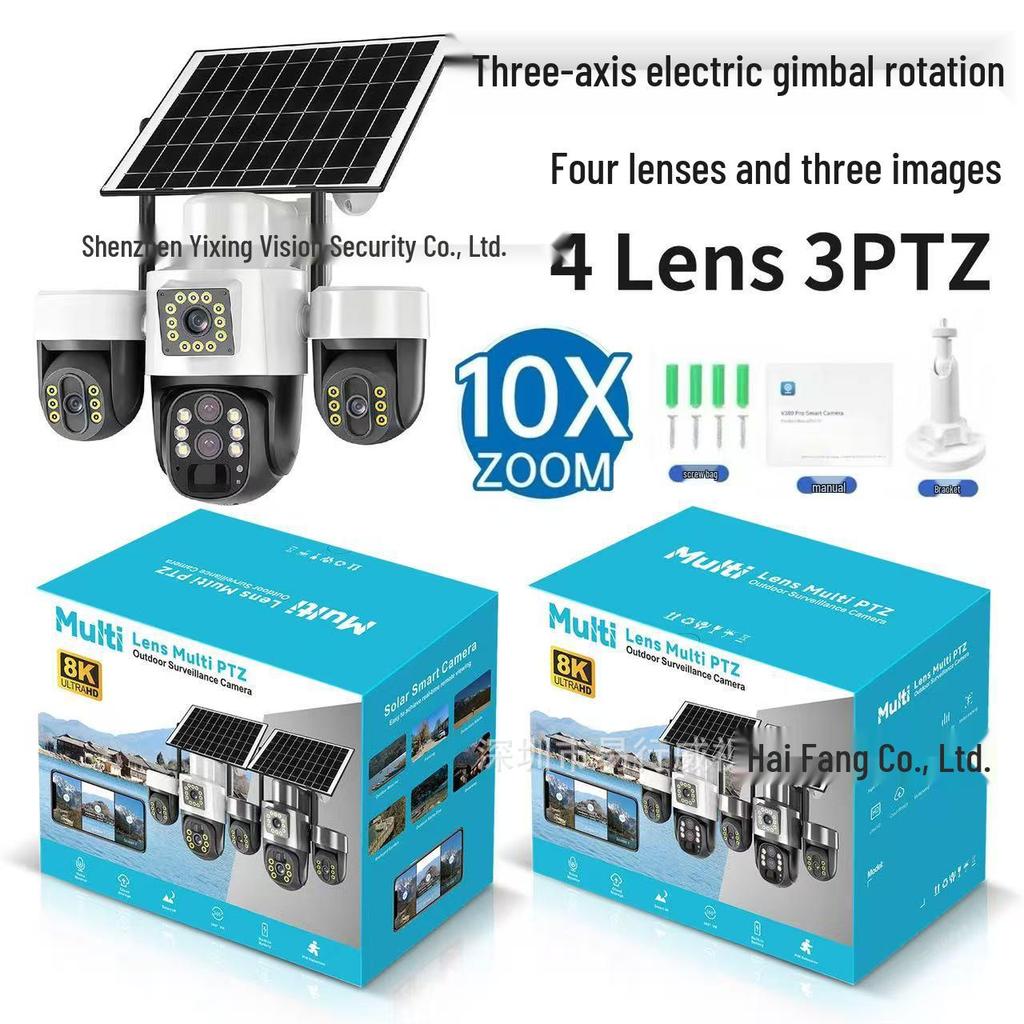 4G Solar-Powered 6MP Outdoor Waterproof Triple-Lens HD Night Vision Camera with 3-Axis Rotation