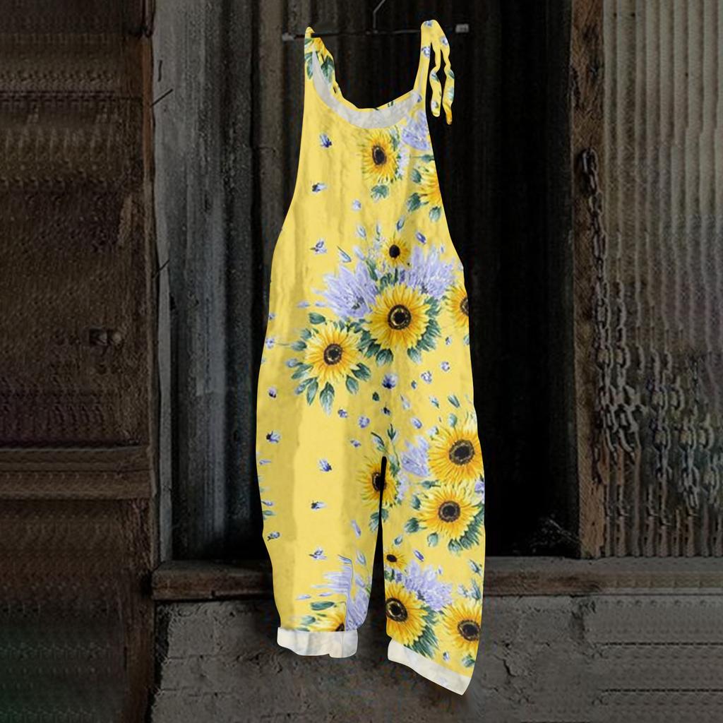 Tuta da donna stampata casual ampia vintage con spalline in cotone e lino