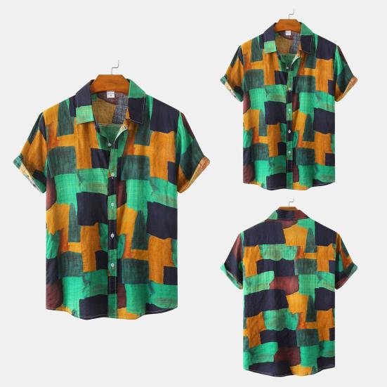 Men Shirt Vintage Style Geometric Print Colorful Turn-down Collar Summer Top Male Garment