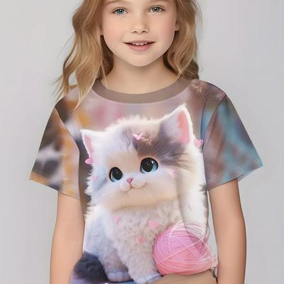 Camiseta infantil de verão com estampa fofa de gato 3D, top respirável da moda, manga curta de alta qualidade, presente de aniversário