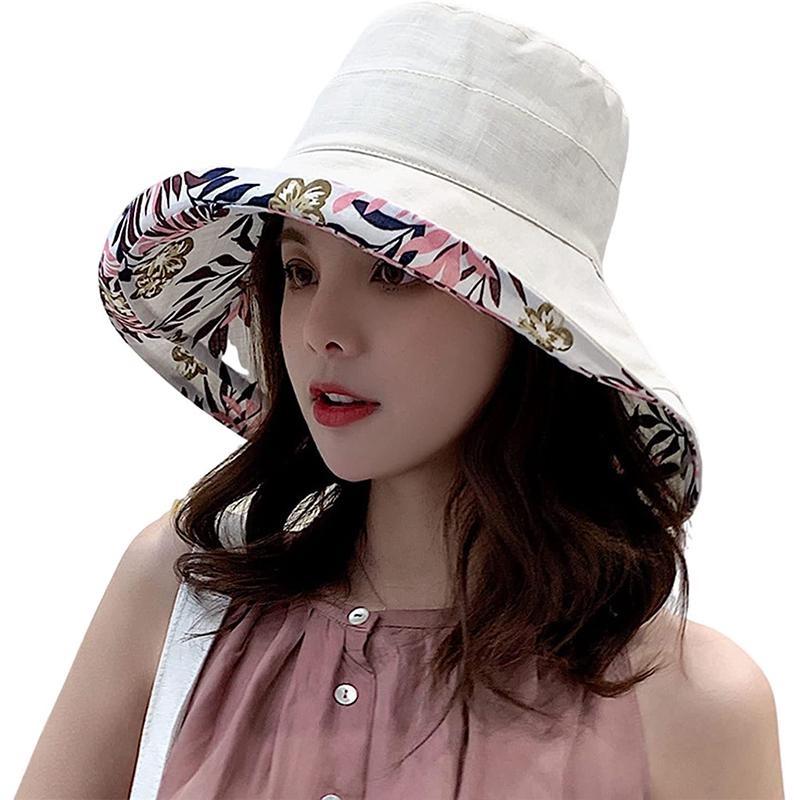 Wide Brim Cotton Summer Hat Women Packable Reversible Floral Bucket Hat UV Sun Protection Wide Brim Summer Beach Cap Double Sided Floppy Sun Hats KTY