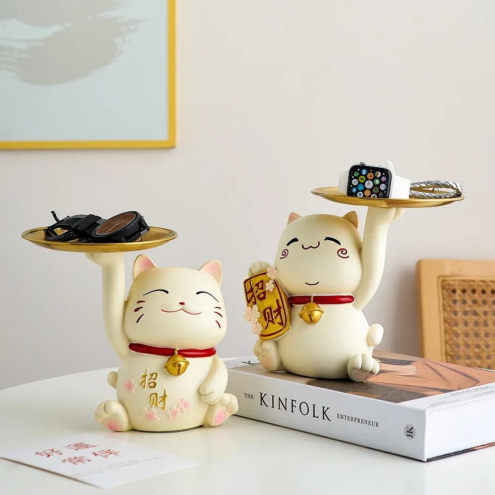 Kreative Inneneinrichtung Glückskatze Tablett Wohnkultur Zubehör Zimmer Desktop Süßigkeiten Snack Aufbewahrungstablett Harz Tier Statue Geschenk