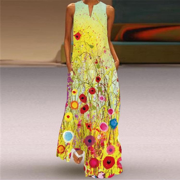 

2026 Summer Fashion Retro Printed Maxi Dress for Women Sleeveless V Neck 5XL