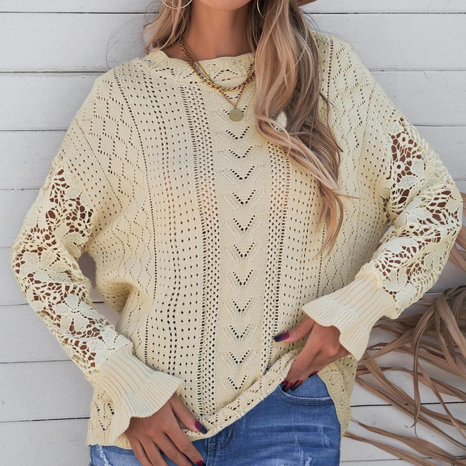 

Женские кружевные вязаные крючком ажурные свитера, однотонные пуловеры с круглым вырезом и длинными рукавами, свитера, топы XL бежевый
