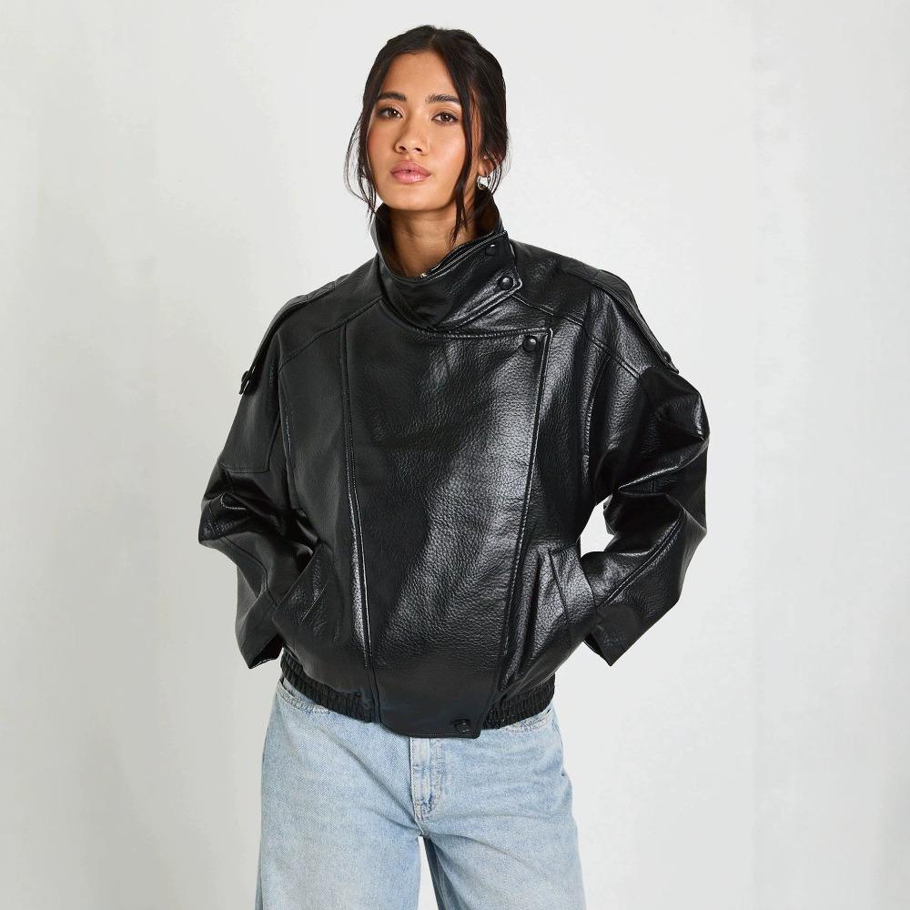 Women Oversized Faux Leather Biker Jacket
