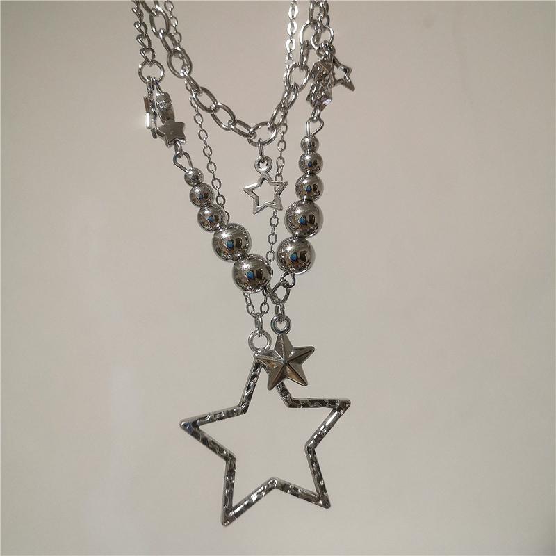 Punk Rock Silver Color Star Pendant Multi Layered Metal Chain Necklace For Women Y2K Charm Goth Vintage Neck Grunge Jewelry Gift