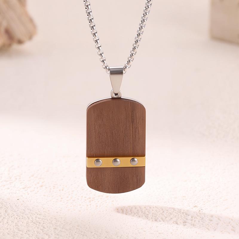 Bestselling Men's Two-Tone Wooden Cross Titanium Steel Dog Tag Necklace