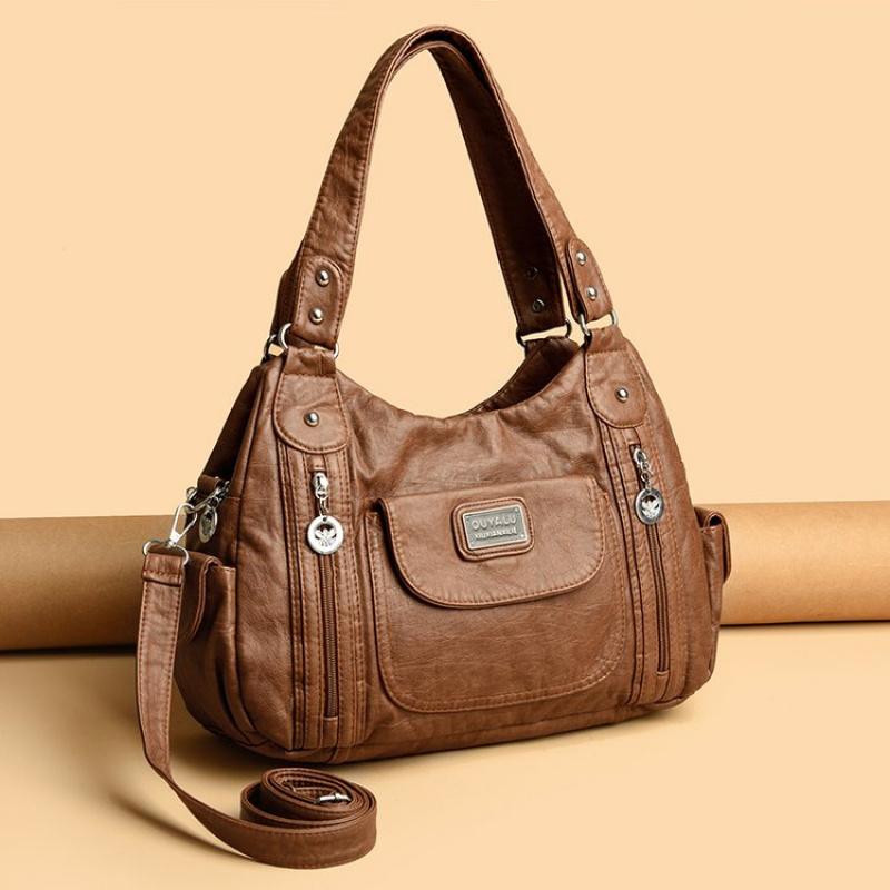 

Vintage Soft Leather Motorcycle Bag Crossbody Shoulder Bag for Women Trendy Messenger Bag Shopping Boston Handbags 36 × 13 × 25 cm коричневий