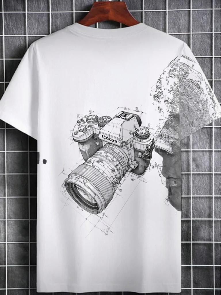 Men's White Camera-Themed T-Shirt Suitable for Photography Enthusiasts, Lightweight Breathable Crew Neck Tee with Camera Print, Casual Gift for