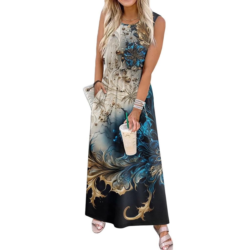 Ladies' Floral Print Casual And Fashionable Waist Cinched Sleeveless Dress