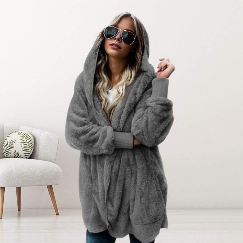 Winterjacke für Damen, doppelseitig tragbar, dickes Fleece, mit Kapuze und Taschen, mittellang, einfarbig, warm, lässig, für den Alltag, langer Mantel