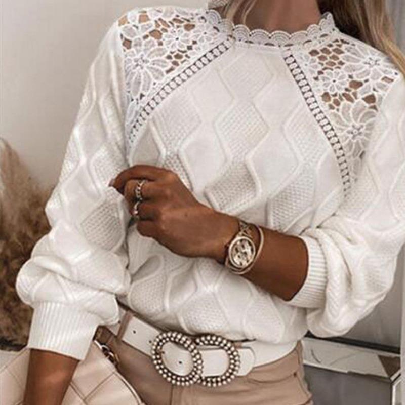 Осенне-зимний свитер с кружевными плечами женский топ стильный вязаный пуловер облегающего кроя джемпер с длинным рукавом элегантный трикотаж для женщин S 3190₽