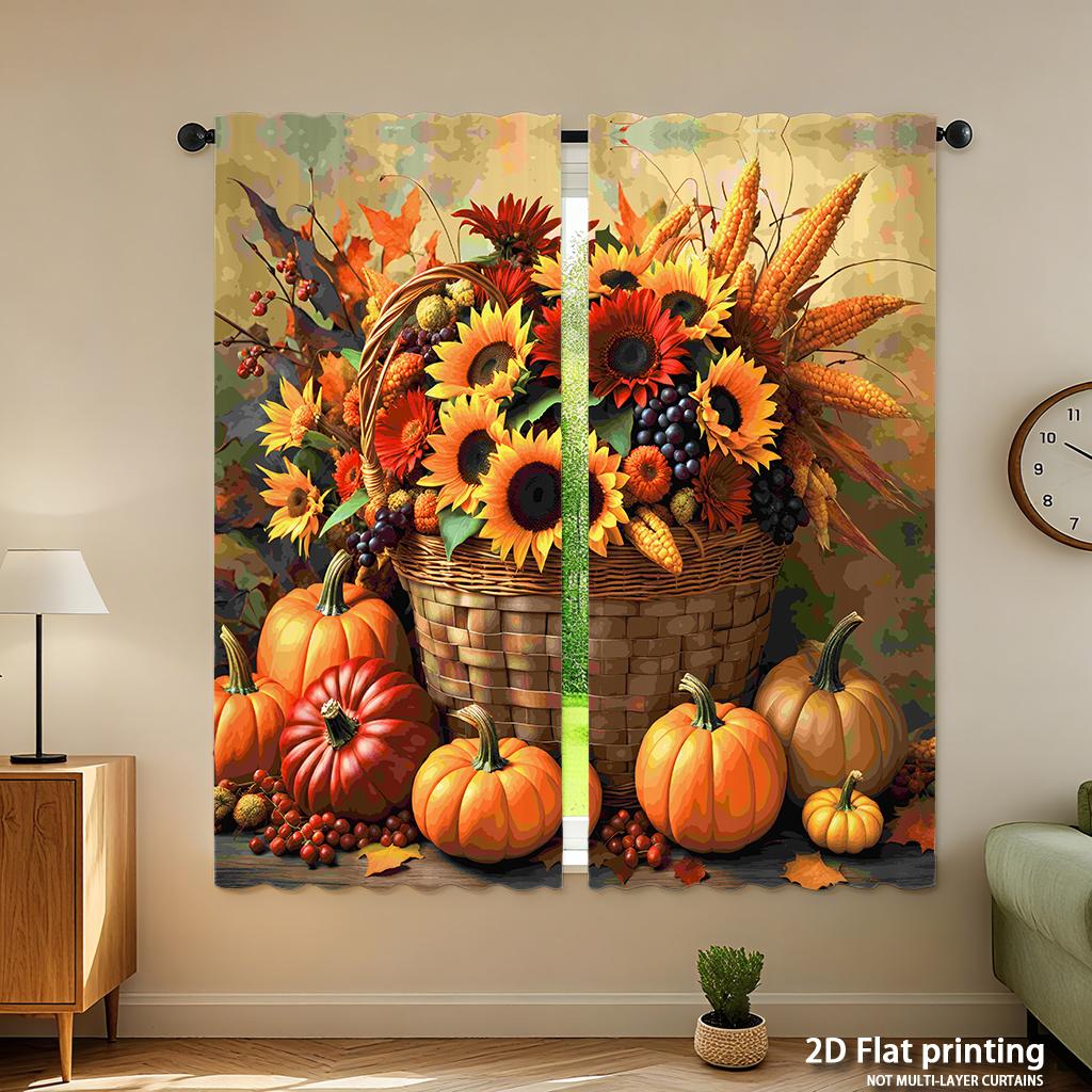 Stück Set Hochauflösende Digital Gedruckte VorhängeHerbstbuntÖlgemäldeStilKürbisBlumeKorbHeimDekorationsstilVorhang Hergestellt Aus Polyester