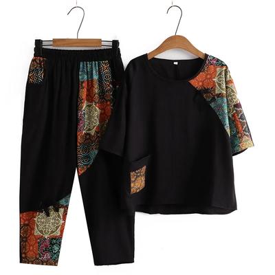 Women's Summer Loose Big Size Ageing Set of Middle-aged and Elderly Retro Leisure Cotton and Linen Top + Pants Two-piece Set