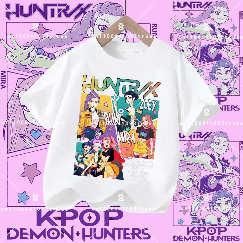 Summer T-shirt casual top with cartoon print, children's pure Polyester short-sleeved K-pop Demon Hunter girl cute sports shirt