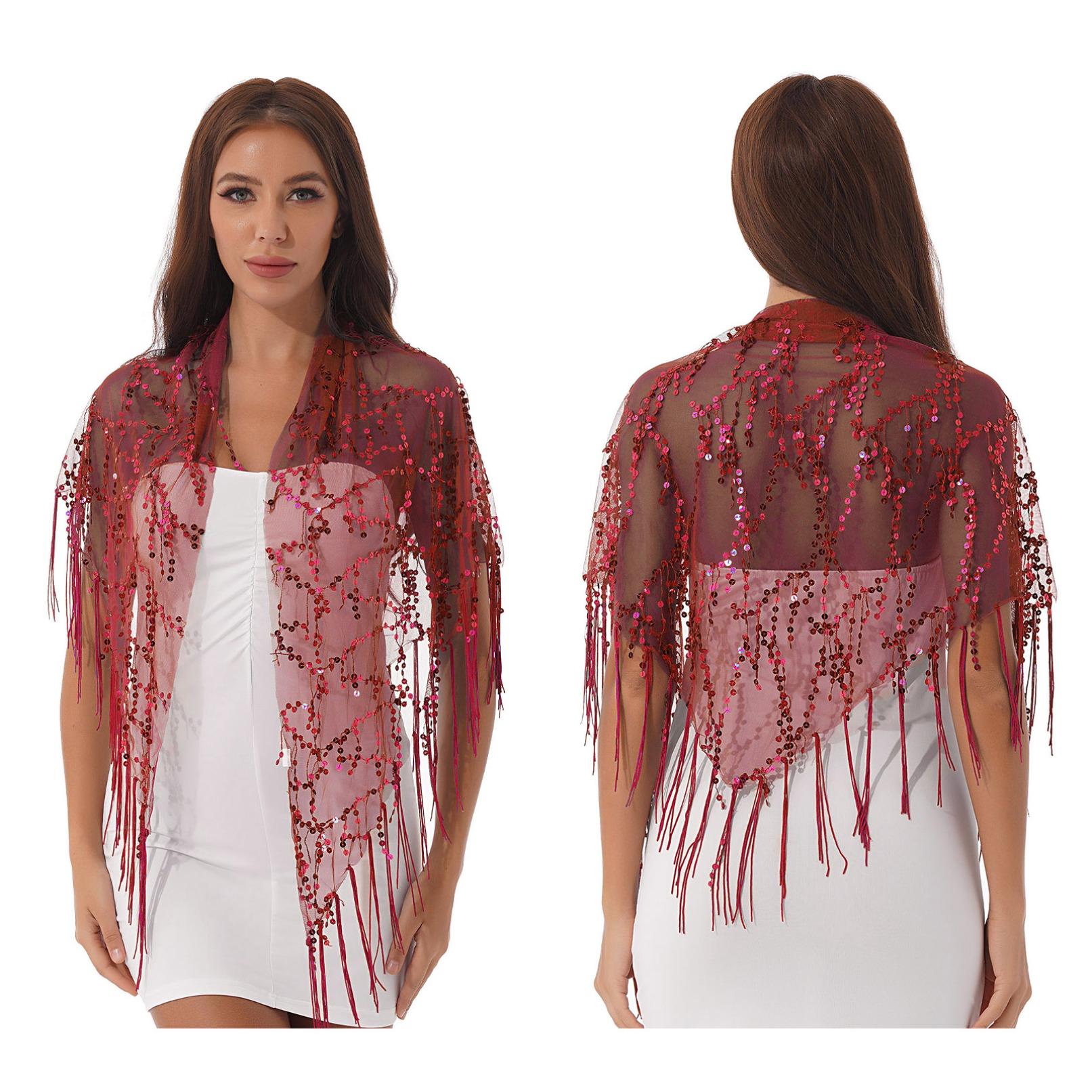 

Жіноча прозора сітчаста накидка з паєтками Cover Up Fringed Evening Cape Shawl Wrap для жінок One Size червоний