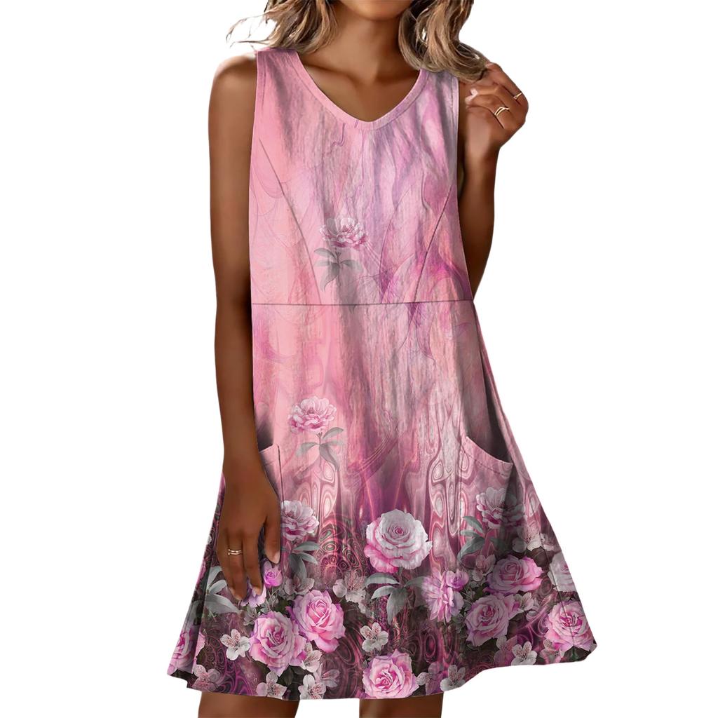 Summer Dresses For Women Loose Beach Vacation Casual Sleeveless V-neck  Sundresses With Pockets Tank Dress