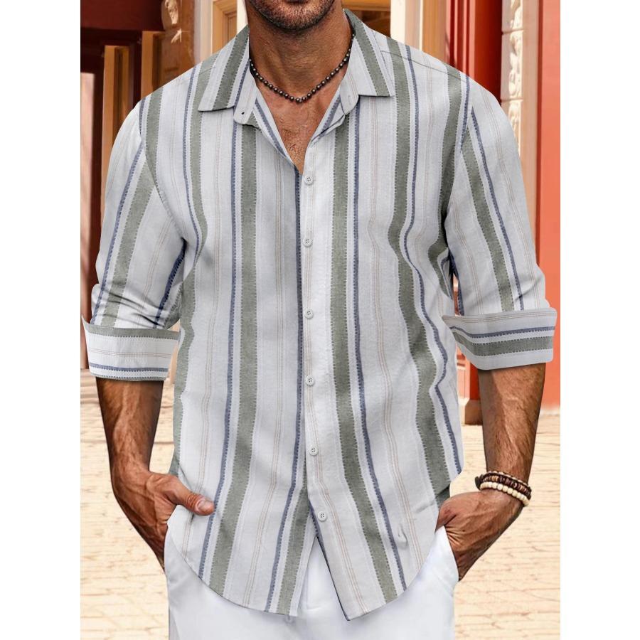 European Size Top Spring Autumn Striped Shirts Button Up Men's Casual Lapel Collar Long Sleeve Shirt
