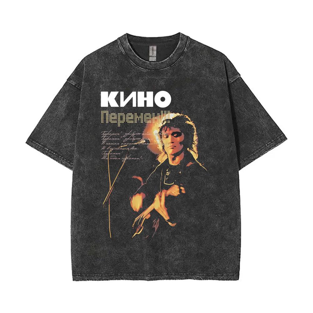 Washed Vintage Kino Viktor Tsoi Graphic T Shirts Men Women Casual Cotton Oversized Tshirts Mens Classic Rusian Rock Streetwear