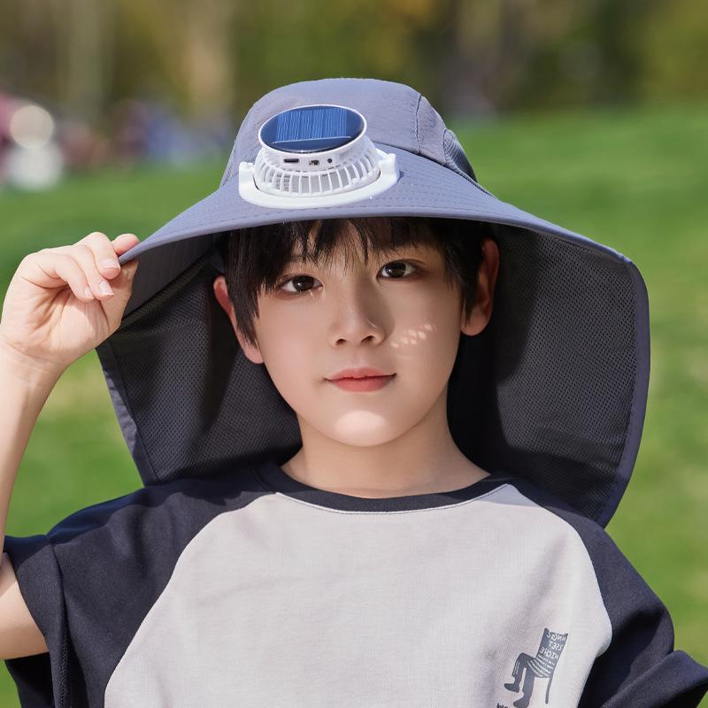 Solar fan hat summer boys and girls sunshade sunscreen hat outdoor outing big brim shawl neck protector bucket hat