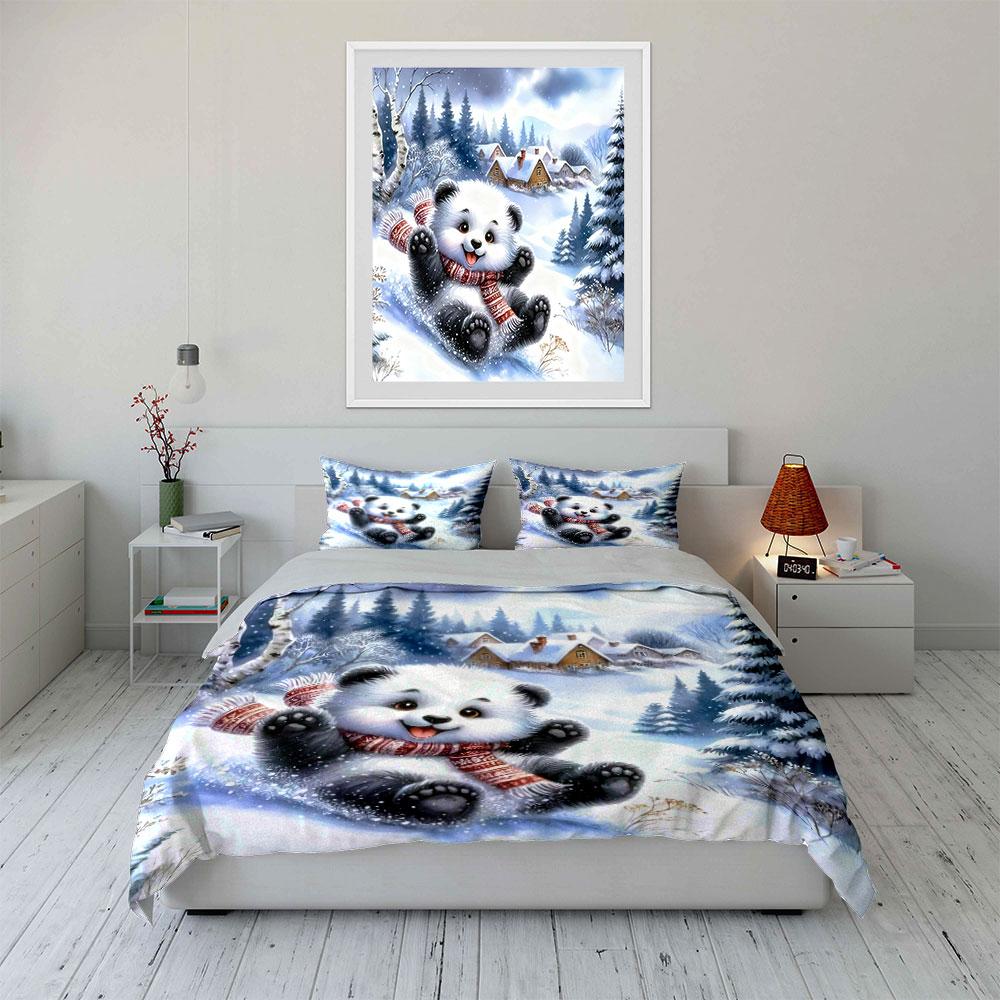 Cartoon-Pandabär Winter-Dekorationsset Weiche, bequeme Bettbezug-Bettwäsche-Set Enthalten 1*Bettbezug & 2*Kissenbezüge, Geschenk