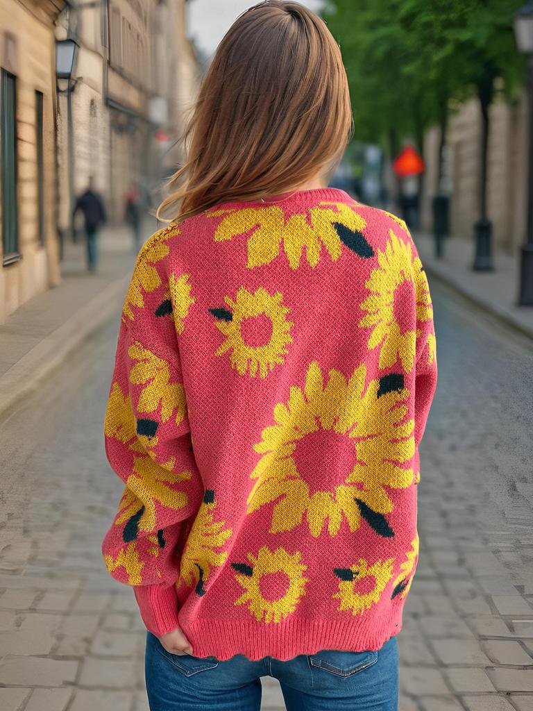 Autumn and winter new top sunflower jacquard round neck long sleeved knitted pullover sweater for women 3589