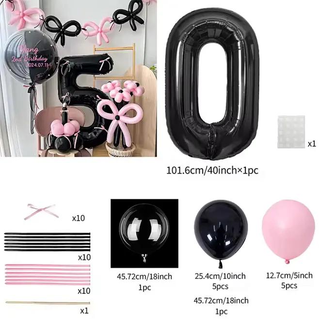 45 Pieces Pink Latex Balloon Black Number Balloon Set for Girls Pink Butterfly Birthday Party, Anniversary Decoration (0-9)