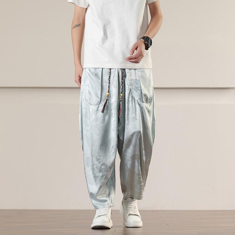Men's Black Dragon Jacquard Elastic Waist Baggy Harem Casual Pants