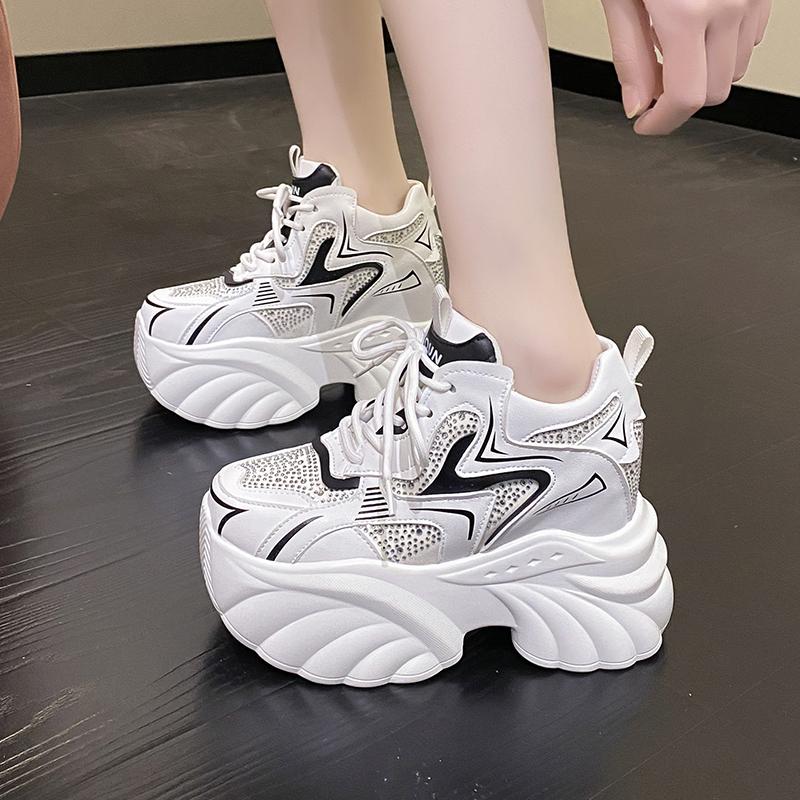 Fashion 10CM Heels Chunky Sneakers Spring Autumn Women Thick Leather Shoes Comfortable Casual Leather Shoes Fashion Bling Leather Shoes
