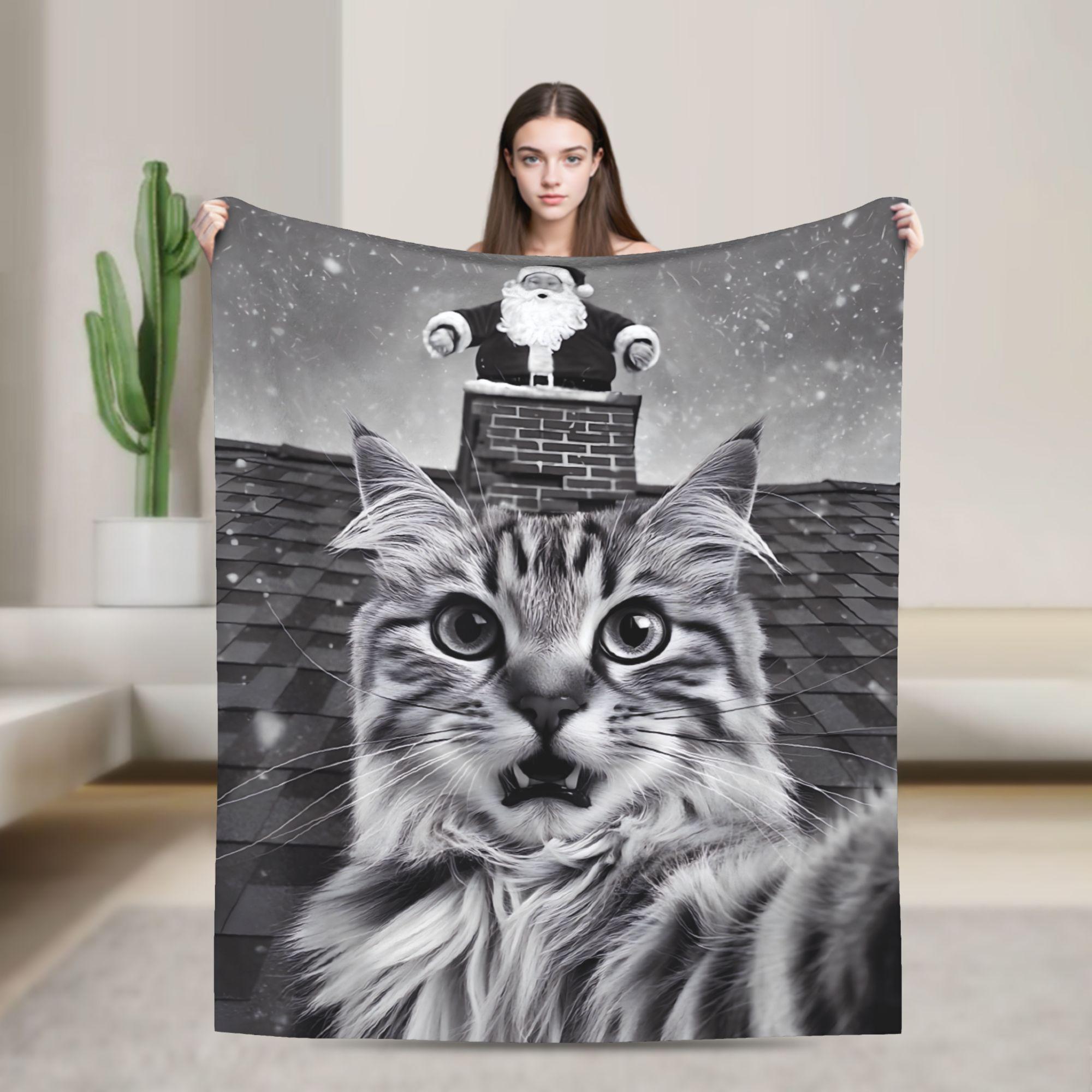 

Cat Selfie with Santa Flannel Blankets Winter Warm Soft Throw Blanket for Students Couch Chair Fashion Bedspread Sofa Bed Cover 75cmx90cm чорний