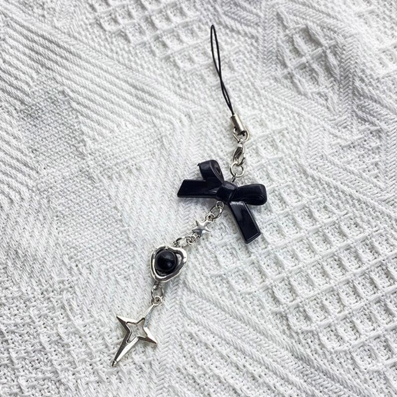 Telefon sjarmstropp nøkkelring Kawaii-søt nøkkelring lanyard streng svart cross-bue beaded kjede lanyard Y2K for kvinner jente