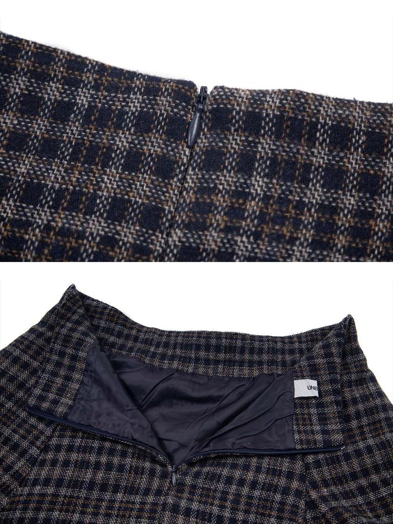 UNBDNS Women's Spring High Waist Irregular Plaid Woolen A-line Umbrella Skirt
