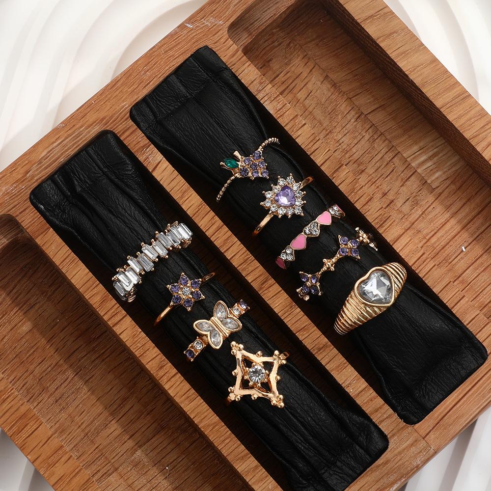 S/Set Tide Pink Love Heart Butterfly Purple Drill Grapes Flower Geometry Rings Sets For Women Originality Ring Party Jewelry