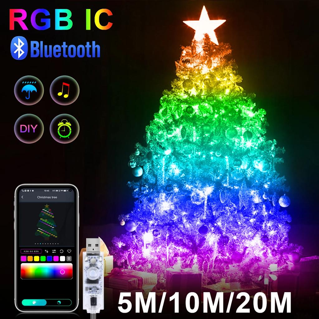 Christmas RGB LED String Bluetooth USB Powered Music Dream Color Light Birthday Party Garland Decor Fairy Lights for Home