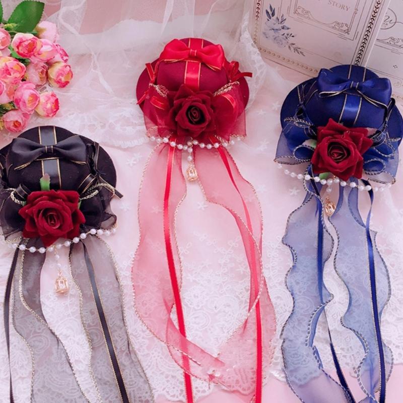 Gothic Lace Flat Top Hat with Veil Ribbon for Women Cosplay Party Costume Day of the Death Headpiece Holiday Accessories