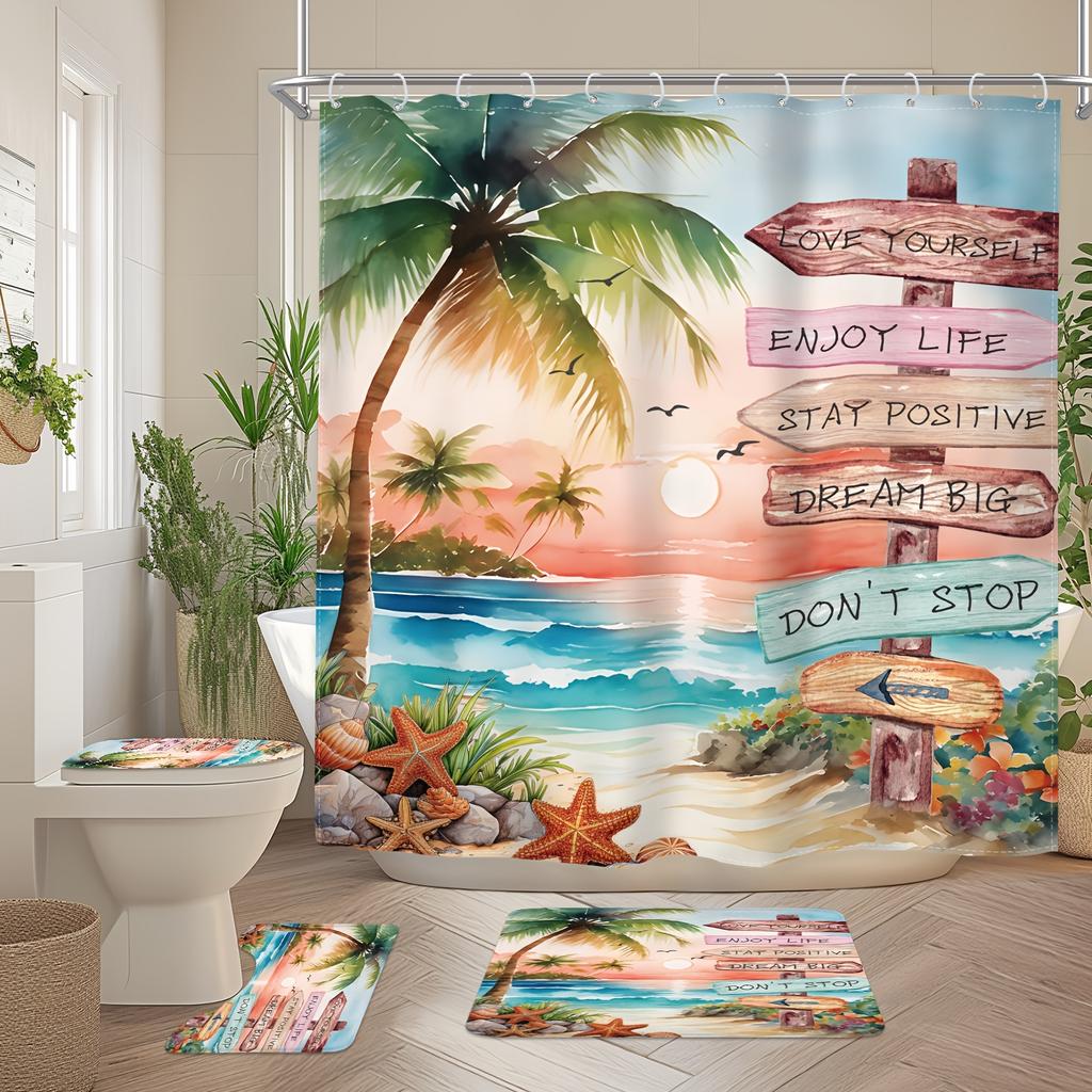 4Pcs Bathroom Shower Curtain Set Colorful Tropical Palm TreesPattern Bathroom Curtain With 12 Hooks Non Slip Rugs Toilet Cover Mat Bathroom Partition
