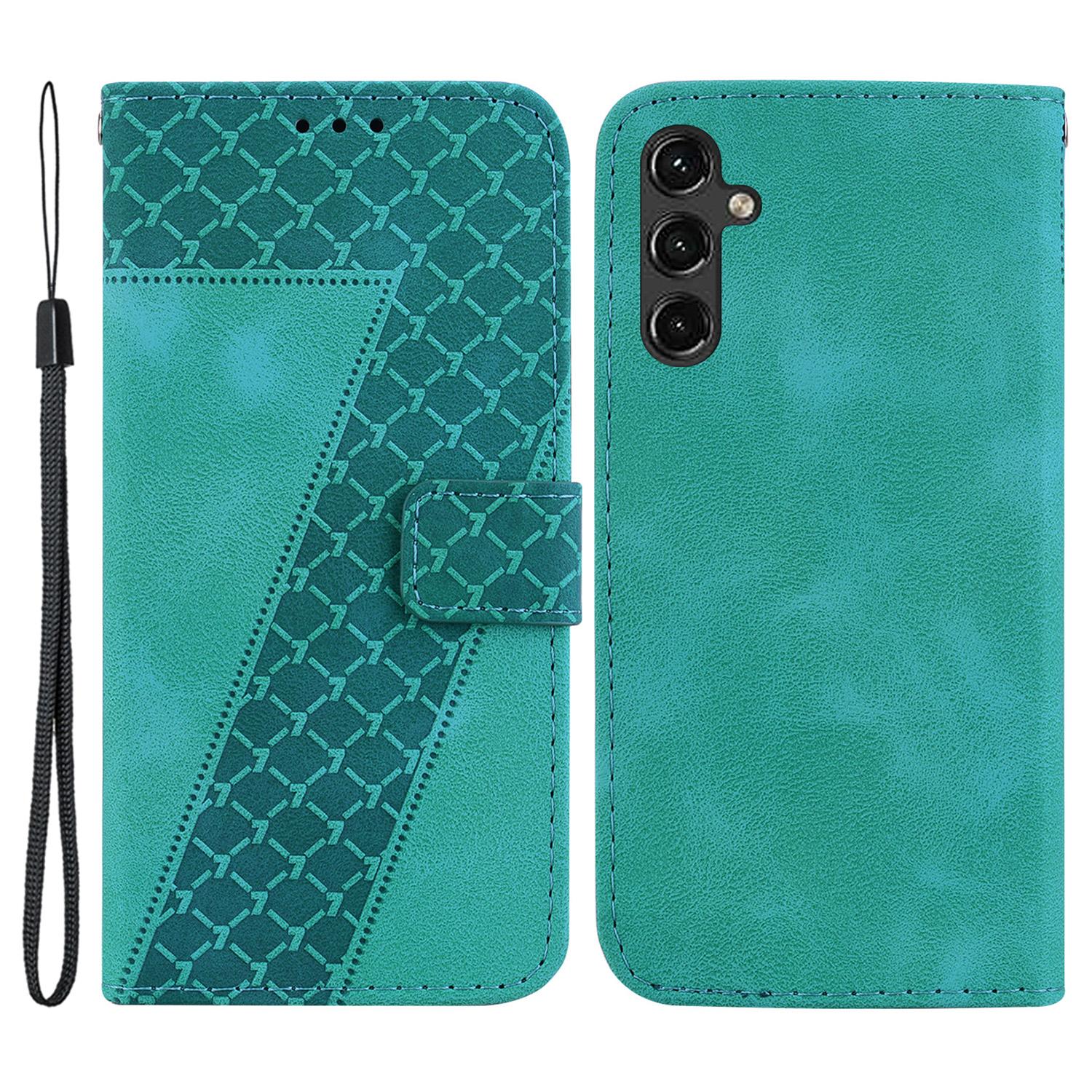 

For Samsung Galaxy A14 5G/A14 4G 7-Shape Imprinted Leather Wallet Cover Flip Stand Anti-scratch Phone Case Green