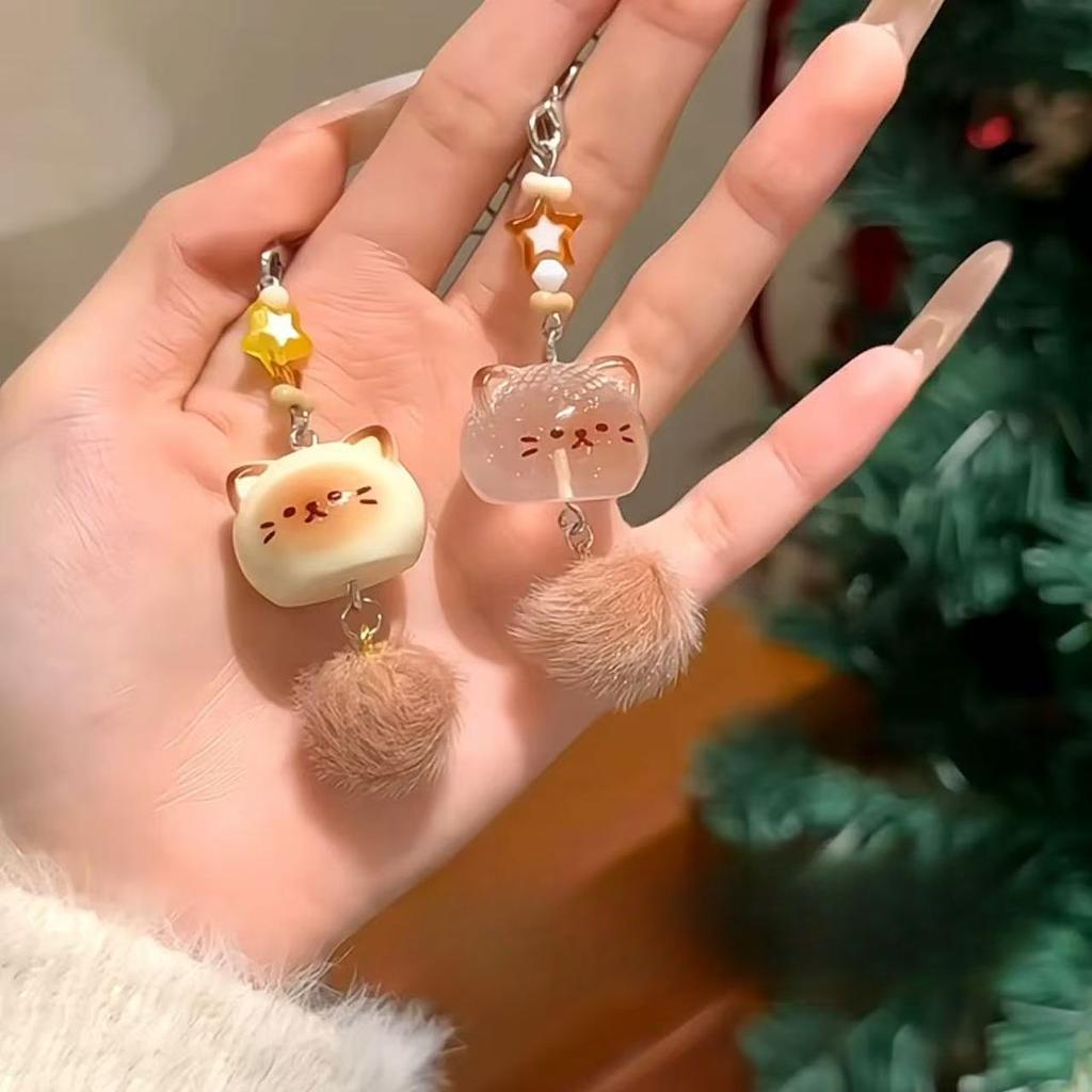 Cute Fluffy Cat Phone Charm with Pompom Tail 3D Kitten Keychain Bag Pendant Creative Cartoon for Girls
