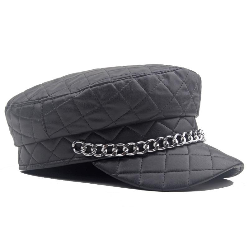Leather Painted Hat Women's Chain Flat Top Army Hat Autumn Winter Warm Cap