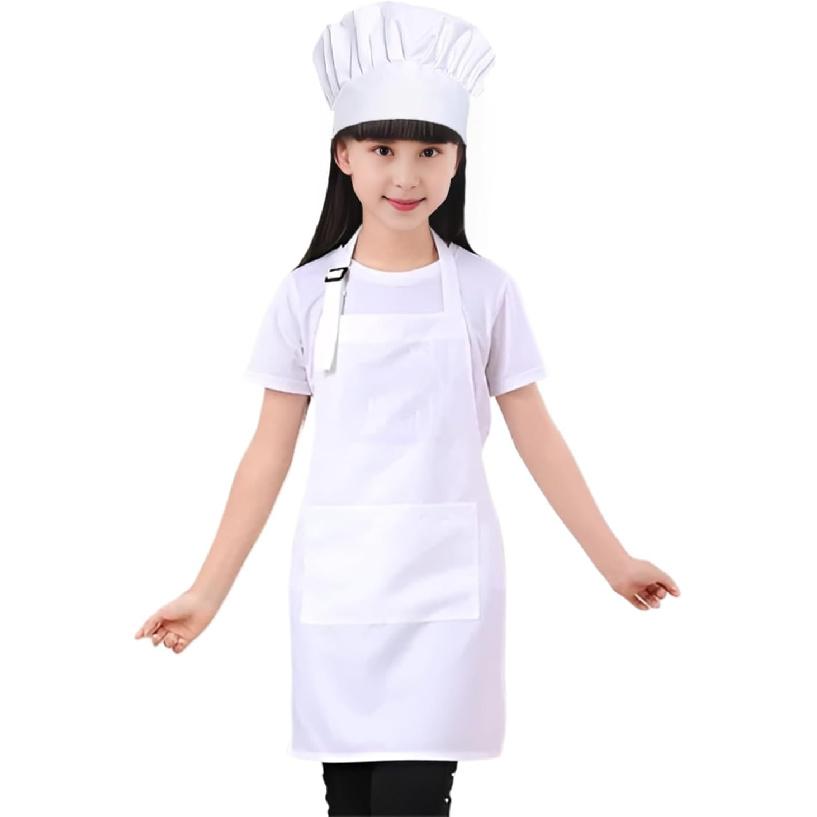 Kids Chef Hat And Apron Set For Cooking Baking Painting, Adjustable Kids Aprons And Chef Hats Set, White