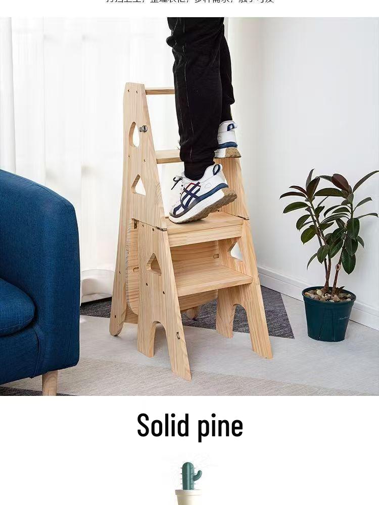 Solid Wood Multifunctional Folding Footstool and Ladder Chair