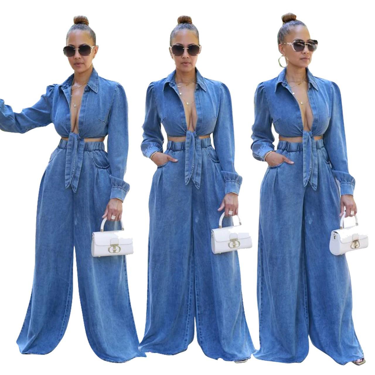 

Women s Casual Denim Wide-Leg Pants Suit - European & American Style Large джинсовий/синій