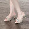 Designer Summer Pointed Toe High Heel Crystal Slippers for Women Fashion Slip-On Sexy Stripper Thin Heel Dress Slides