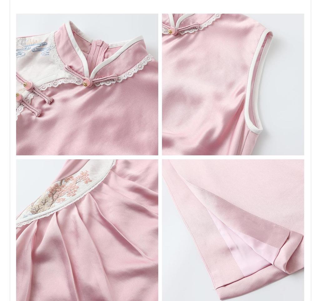 New Summer Purple Embroidered Stand Collar Pleated Cheongsam Dress for Women