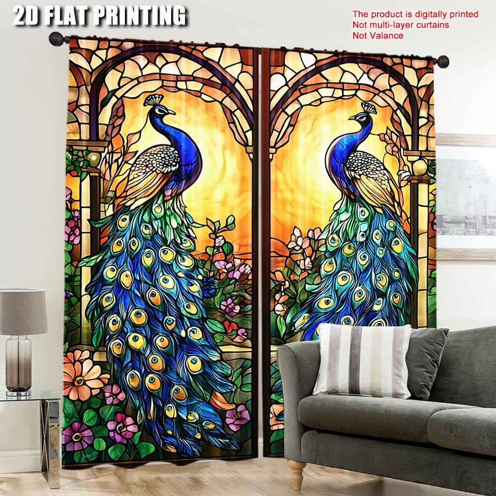 Set Of 2 Peacock Flower Glass Window Painted Curtains Suitable Multiple Rooms Bedroom Office Kitchen Living Room Study Bathroom Made Polyester Great