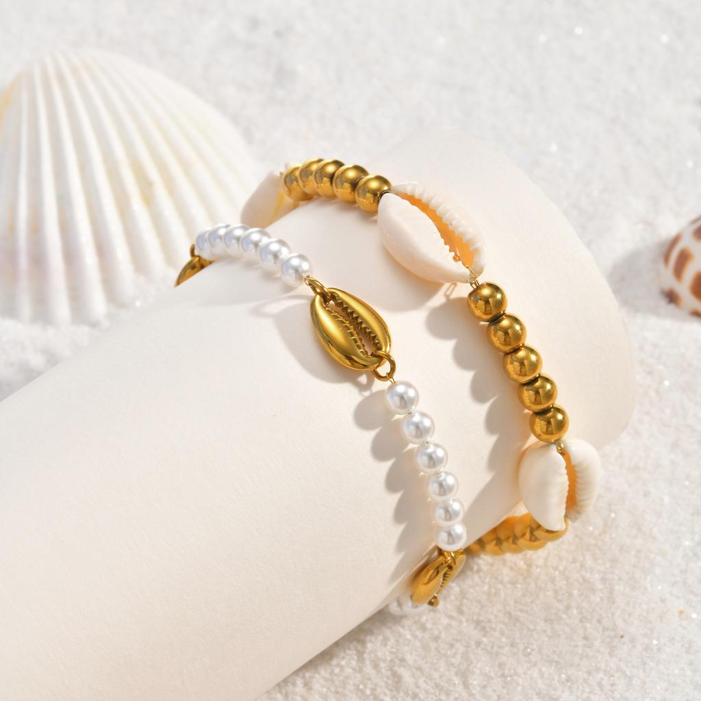 Bohemian Metal Shell Pearl Bracelet for Women Waterproof Stainless Steel Bead Bracelet Summer Beach Vacation Wrist Jewelry 2026