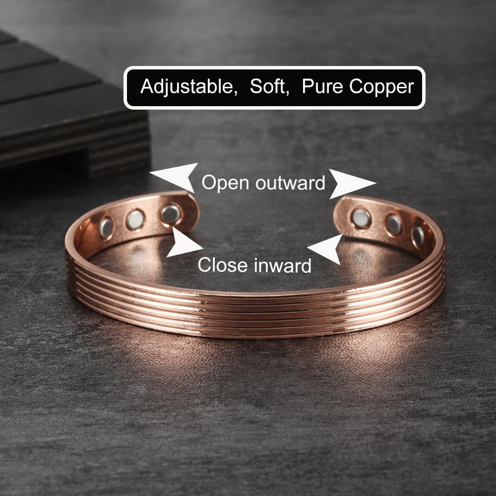 Vinterly Pure Copper Bracelets Magnetic Therapy Arthritis Stripe Adjustable High Magnets Open Cuff 8mm Bangles Resizable Jewelry