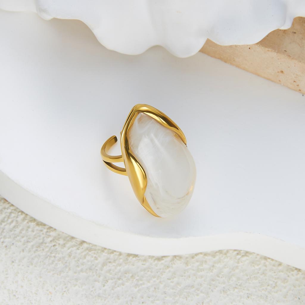 Vintage Stainless Steel Rings For Women Gold Plated Chunky Resin Tiger Eye Stone Irregular Finger Ring French Statement Jewelry