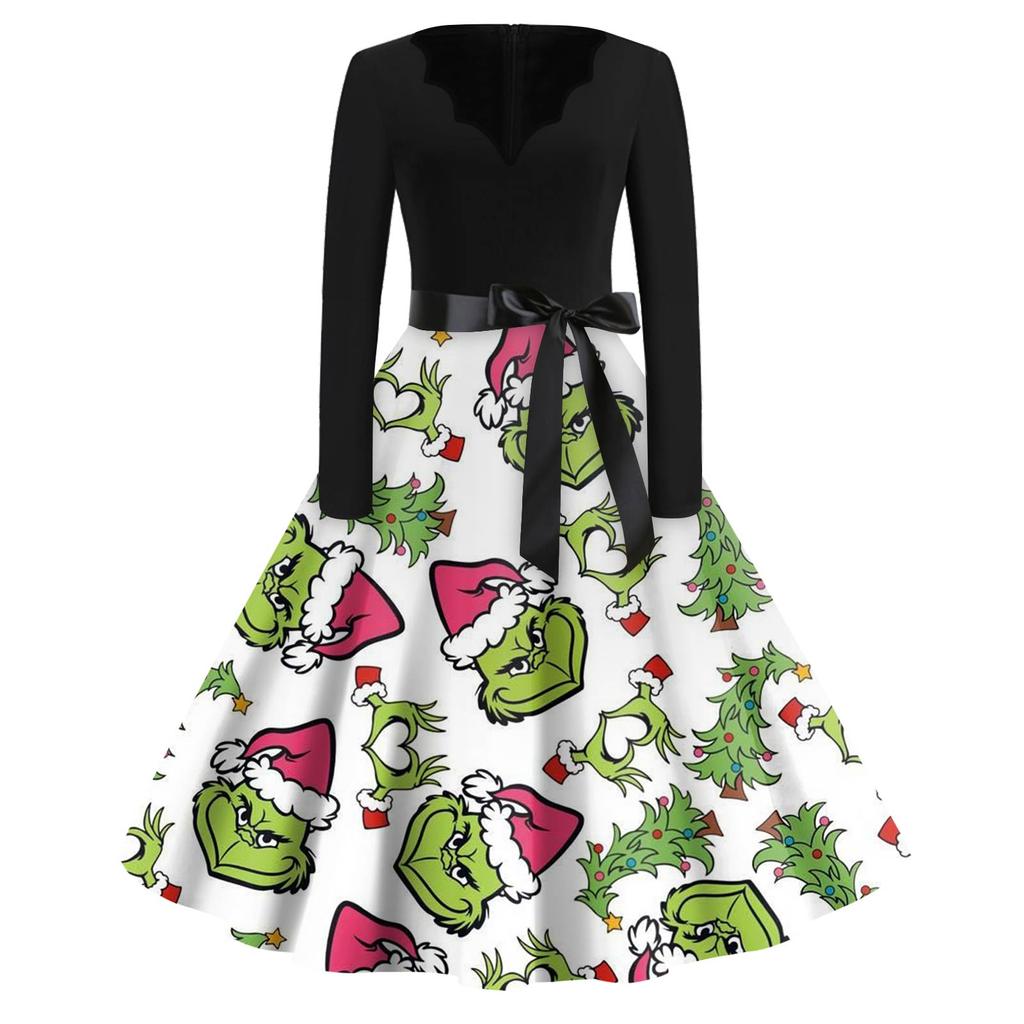 Women's Fashion V-neck Casual Slim-fit Christmas Print Long-sleeved Dress