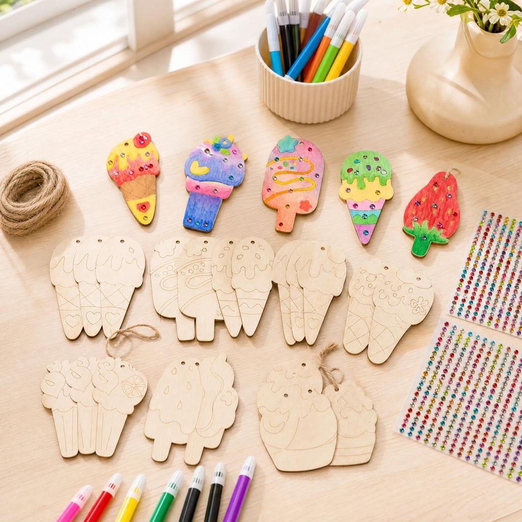 Kids Wooden Ice Cream Hanging Kit with Colored Markers Stickers for DIY Decorations